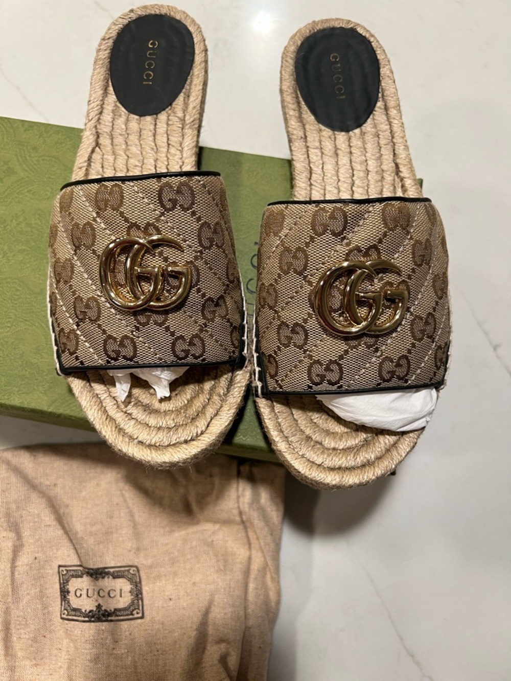 Gucci Brown/Beige GG Canvas Espadrille Slides with Gold Double G - Picture 2 of 16